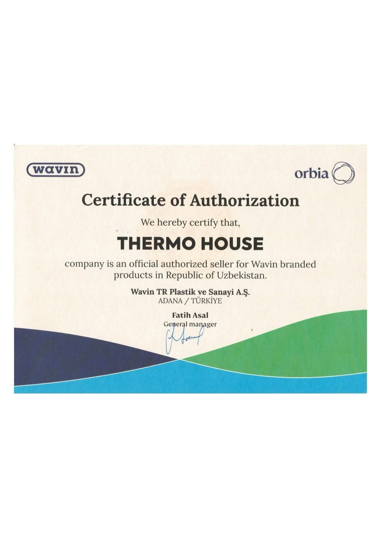 Сертификат авторизации Wavin — Thermo House, официальный продавец в Узбекистане